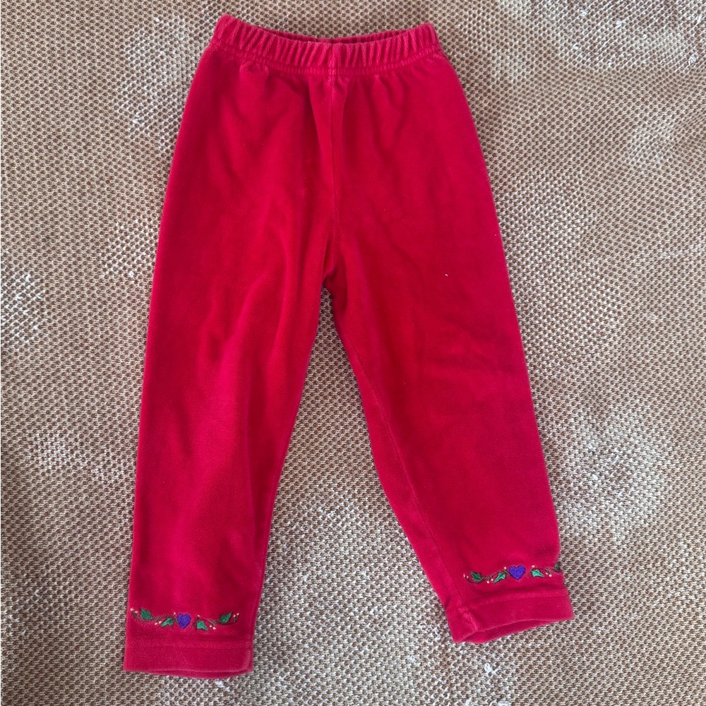 Red Fleece Pants with Embroidered Hem